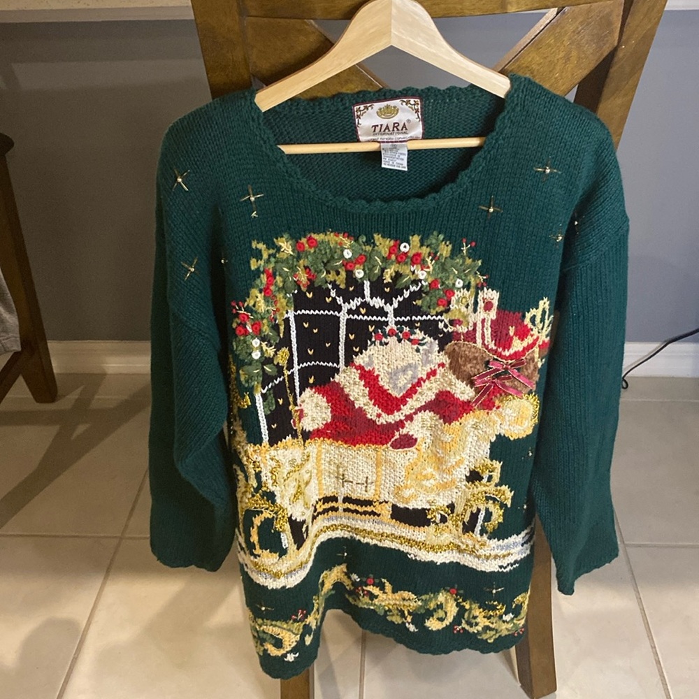 Vintage - Tiara International Christmas Holiday Green Knit Beaded Sweater Sz M